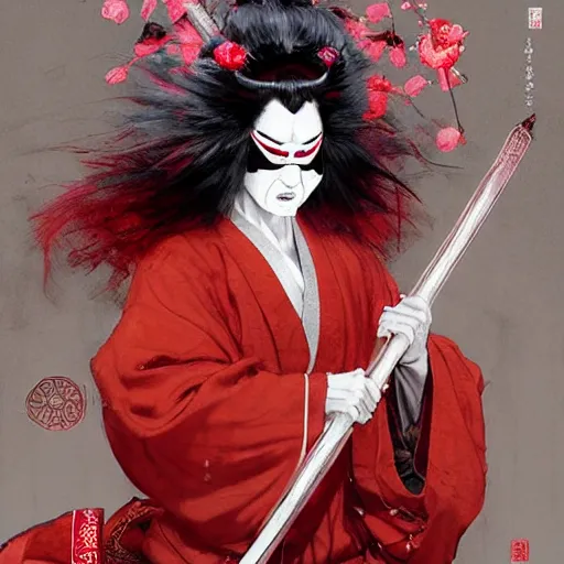 Image similar to an epic portrait of insane kabuki male wielding a spear and doing the nirami covered in a magical mist of insanity, intricate hakama, poofy red wig, eerie, highly detailed, dark fantasy, art by artgerm and greg rutkowski