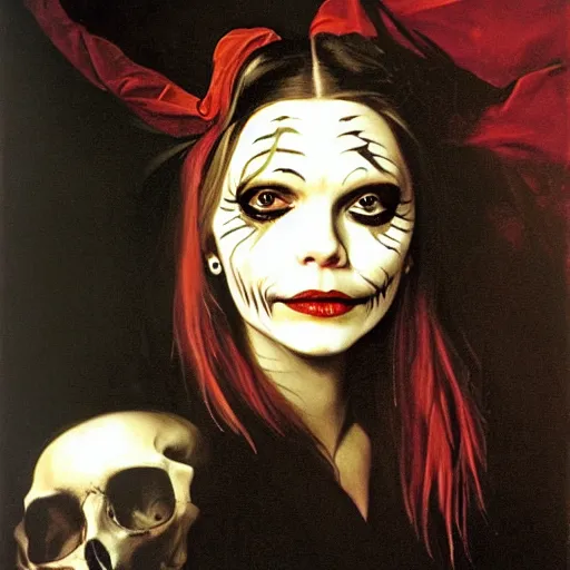 Prompt: portrait of young michelle pfeiffer as a witch wearing skull facepaint, oil painting by caravaggio