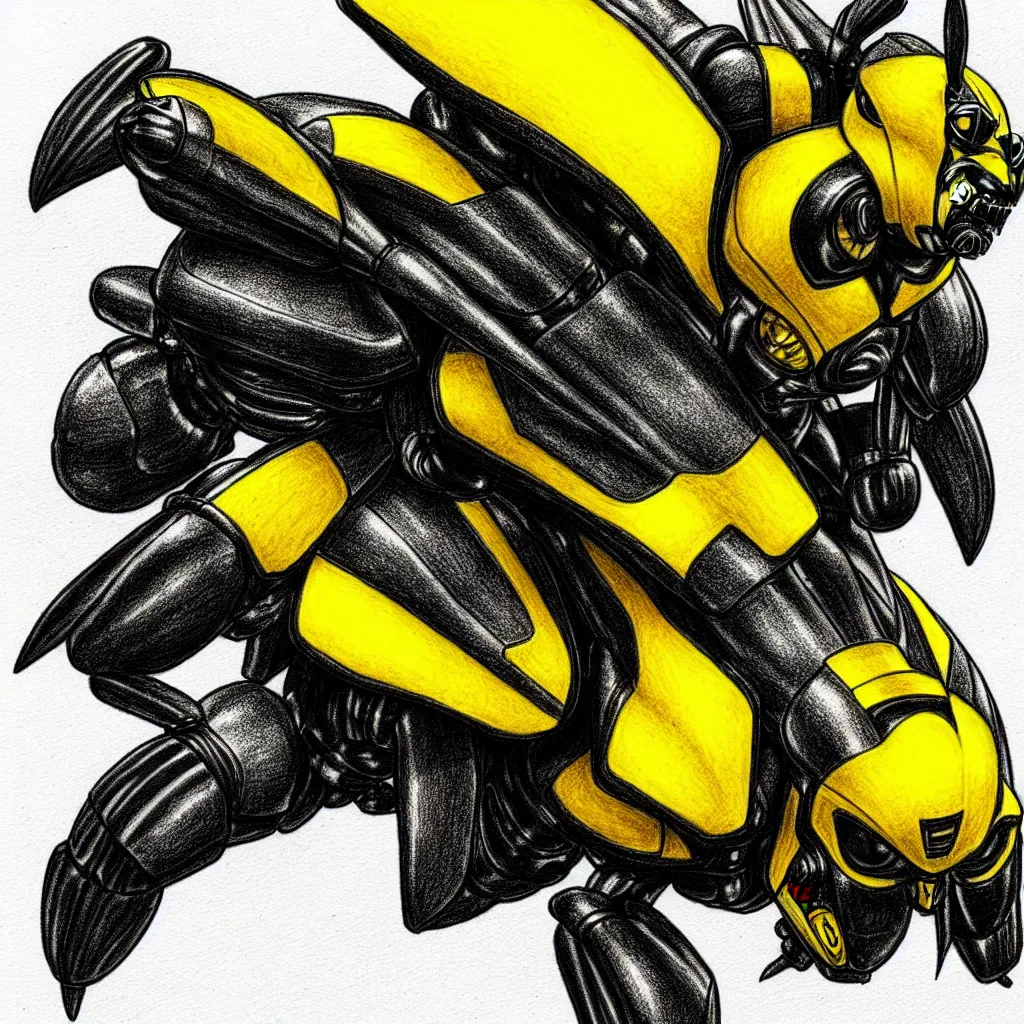 Image similar to bumblebee equipped with a jetpack, drawn with a black 0. 3 mm fineliner on a white paper