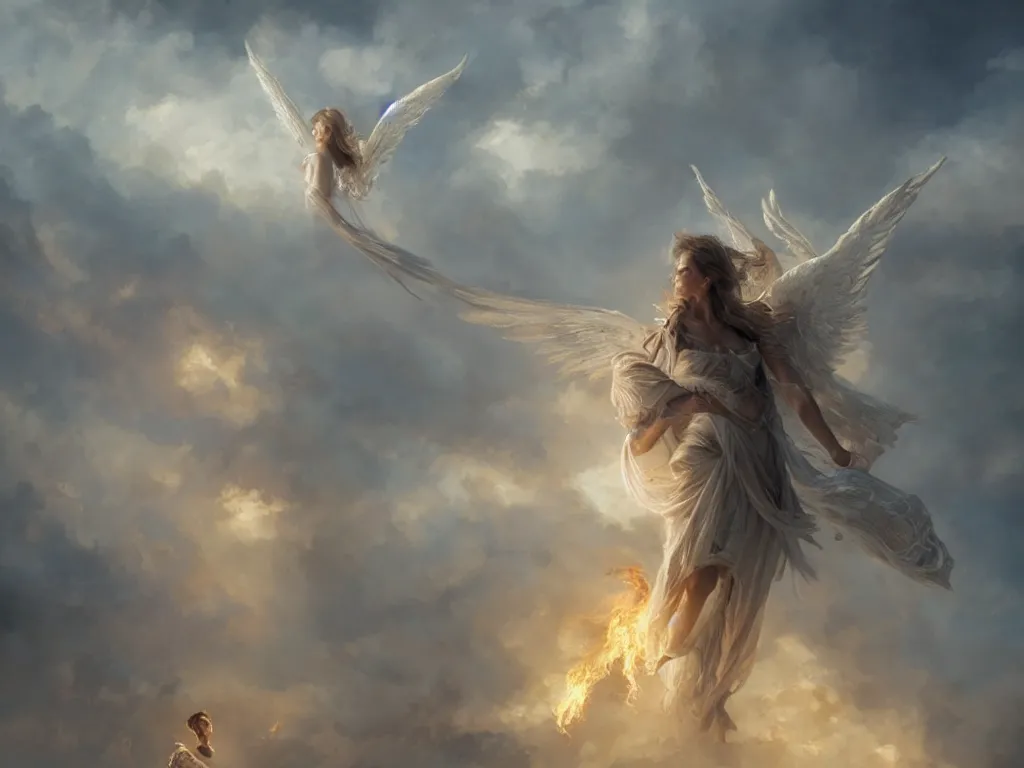 Image similar to angel carries a burning man in the clouds, fantasy art, award winning, dark fantasy, fantasy magic, intricate, elegant, sharp focus, cinematic lighting, highly detailed, digital painting, concept art, art by wlop and artgerm and greg rutkowski, masterpiece, trending on artstation, 8 k