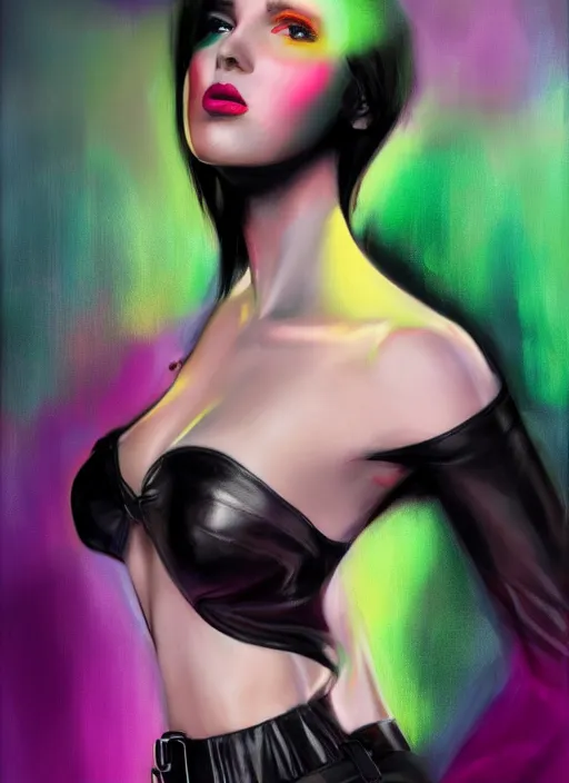 Image similar to a photo of 8 k ultra realistic a black haired female in high heels and a black leather jacket, pink, purple, green, yelow, red, blue, white neon, art by lise deharme