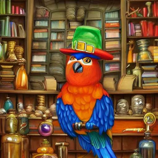 Prompt: Anthropomorphized parrot trader in his shop, shelves full, books, selling a gem, portrait, items, magic potions, carpet, window, fancy funny hat, sly expression , cunning expression, cute expression, presenting magic gem, D&D, fantasy, cinematic lighting, highly detailed, digital painting, artstation, concept art, smooth, sharp focus, illustration, warm light, cozy warm tint, magic the gathering artwork, volumetric lighting, 8k, no gold, no gold colours, art by Akihiko Yoshida, Greg Rutkowski