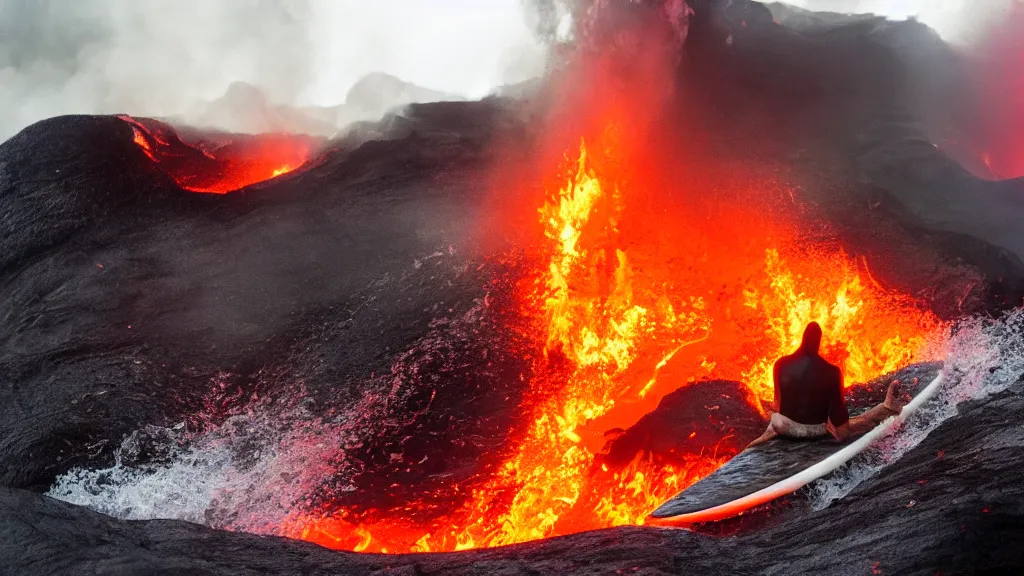 Prompt: person in armor surfing down a river of lava on the side of a volcano on surfboard, action shot, dystopian, thick black smoke and fire, motion blur, sharp focus, cinematic, closeup