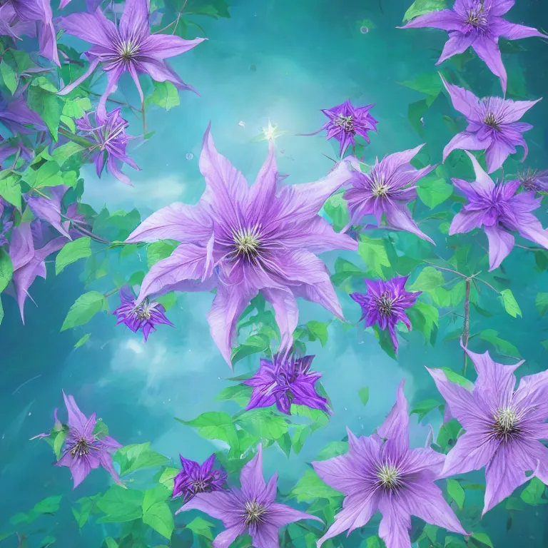 Image similar to clematis theme logo, clematis theme banner, clematis design, clematis in the deep sea, clematis like stars in the sky, hydrangea, trending on artstation, warm light, lovely and cute, fantasy art, 8 k resolution, highly detailed