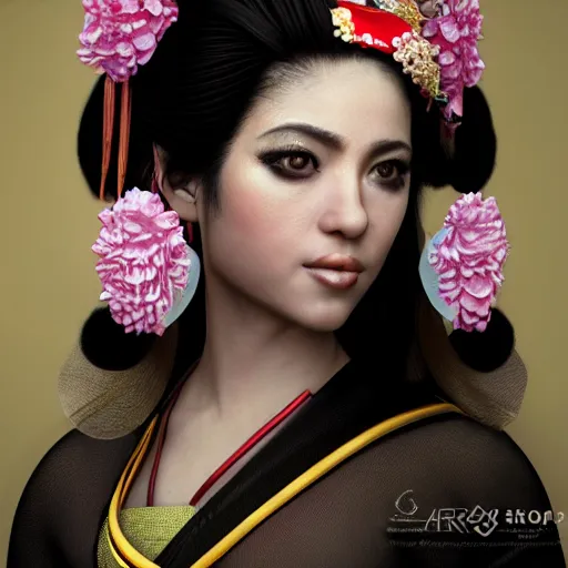 Prompt: Shakira Geisha, realistic, photo studio, HDR, 8k, trending on artstation