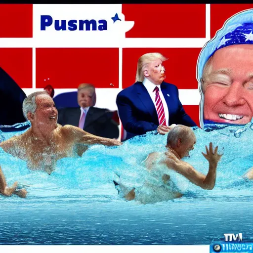 Image similar to putin, trump, obama and bush are swimming while having a water fight and smiling