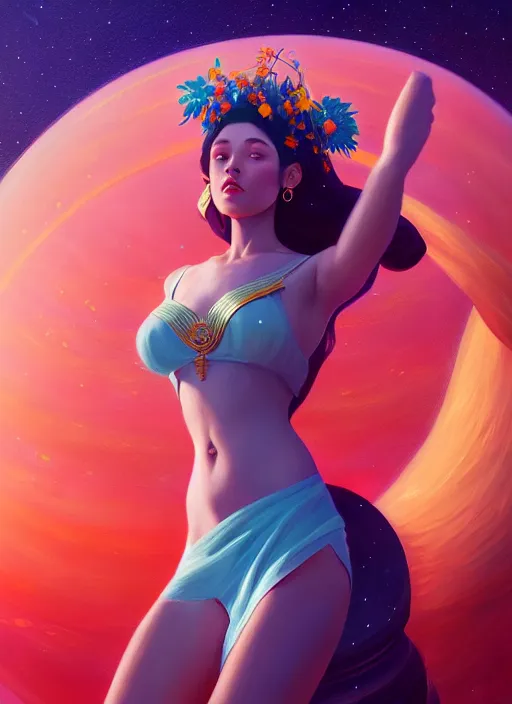 Image similar to a beautiful goddesses, full body, planets, sky, dream, highly detailed, digital painting, refreshing, trending on artstation, octane render, illustration by james jean