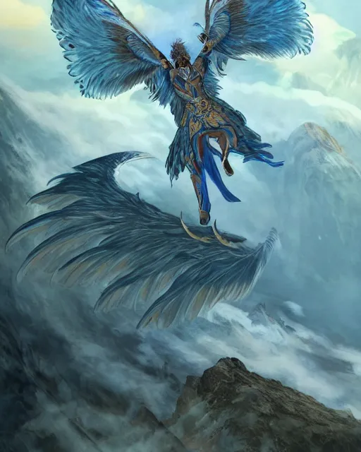 Image similar to blue feathered wolf with wings on a beautiful fantasy landscape, hills, mountains, moonlit, hd, illustration, epic, d & d, fantasy, intricate, elegant, highly detailed, digital painting, artstation, concept art, smooth, sharp focus, illustration, wallpaper, art by artgerm and greg rutkowski and alphonse mucha and jin xiaodi