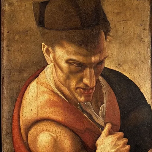 Image similar to A 14th century italian renaissance oil painting of Jerma985, portrait of Jerma985, grainy, realistic, very realistic, hyperrealistic, highly detailed, very detailed, extremely detailed, very neat, very epic, very cool, detailed, trending on artstation