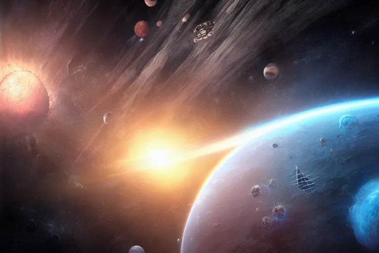 Prompt: A very highly detailed dyson sphere next to the planet Earth, on deep space, concept art by, sci-fi highly detailed, digital concept art, Dimensional nebulas natural light, sharp focus, realistic concept art rendered in Octane Render, From the distance