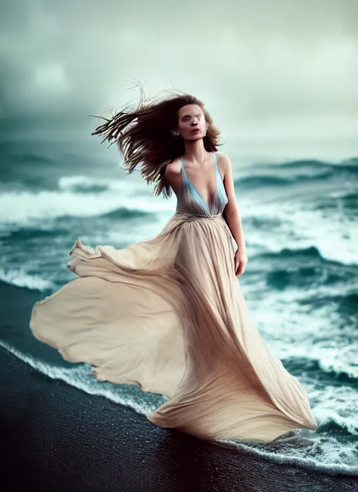 Prompt: cinestill 5 0 d portrait photo of a beautiful woman, britt marling 3 / 4, delicate, subsurface scattering, long hair floating in air in style of gilles zimmermann, 1 5 0 mm, windy mood, dress in voile, mute dramatic colours, soft blur outdoor stormy sea background, volumetric lighting, hyper detailed, hyper realistic