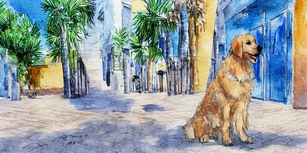 Prompt: portrait golden retriever dog standing in tel aviv street looking at the camera. palm trees. optimistic. digital art. watercolor. highly detailed. drawing. art. colorful. fluffy