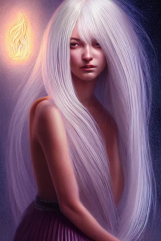 Image similar to portrait female holding crystal white hair glowing, blush, pleated skirt, flowing hair, slim face, elegant, terry moore, barclay shaw, karol bak, greg rutkowski