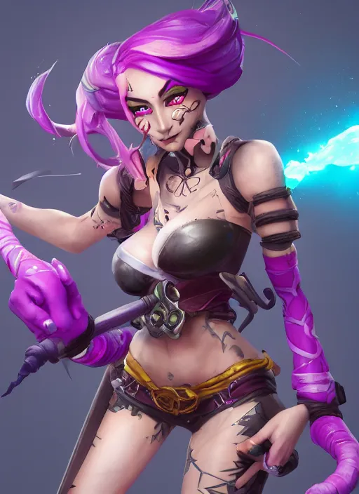 Image similar to jinx the loose canon, from league of legends, hyper detailed, digital art, trending in artstation, cinematic lighting, studio quality, smooth render, fluorescent skin, unreal engine 5 rendered, octane rendered, art style by klimt and nixeu and ian sprigger and wlop and krenz cushart