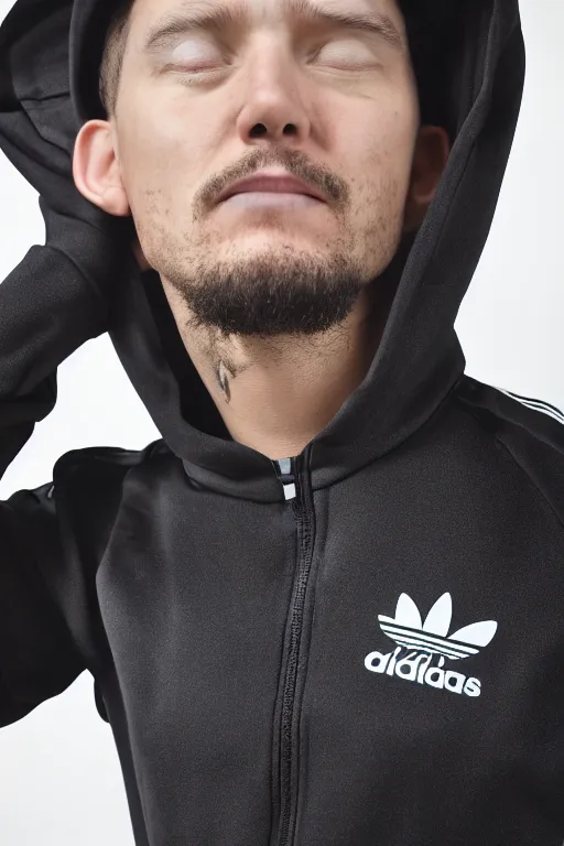 Image similar to Professional portrait photo of a drunk man wearing black adidas tracksuit, high quality photo, 25mm