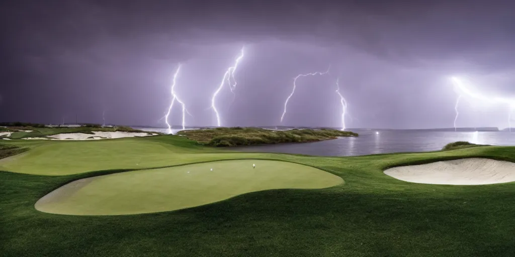 Image similar to a great photograph of the most amazing golf hole in the world, surrounded by water, giant ship wreck, lightning storm, ambient light, golf digest, top 1 0 0, fog