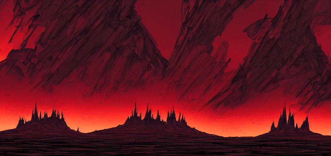 Image similar to divine cathedral made of fire, seen in the distance on the horizon, on a desert planet, black smoke particles, dark colors, red background, dark underground cave, in the graphic style of and Patrick Gleason, low key lighting, detailed art, trending on Artstation, sharp focus, comic art, horror concept art, smooth,