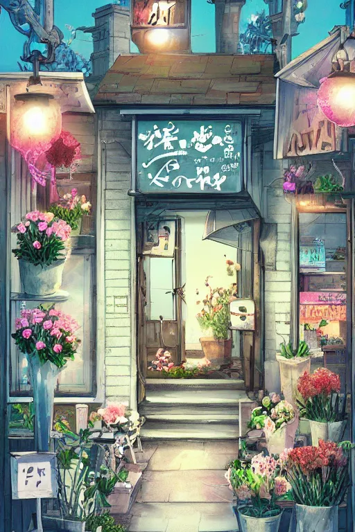 Prompt: a little flower shop's front gate, nostalgic, fresh digital illustrati on, dramatic lighting, pixiv