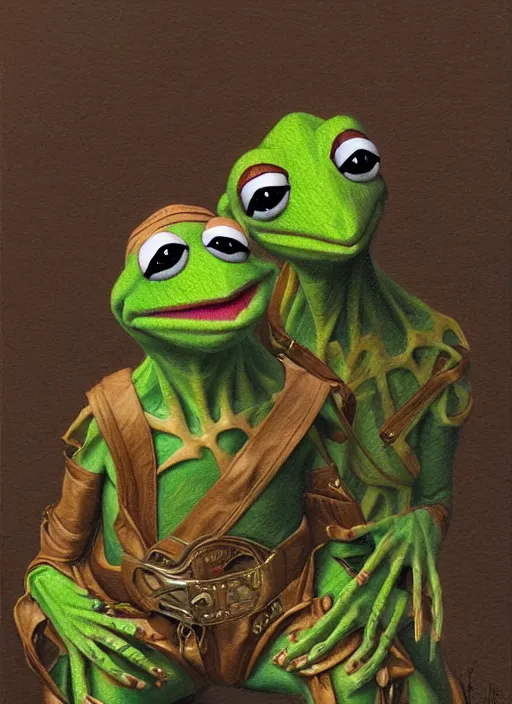 Image similar to portrait of a gaunt and diseased Kermit the frog, intricate, elegant, highly detailed, centered, digital painting, artstation, concept art, smooth, sharp focus, illustration, artgerm, donato giancola, Joseph Christian Leyendecker, WLOP, Artgerm