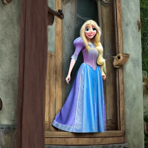 Image similar to Jennette McCurdy as Rapunzel in disney tangled live action, 8k full HD photo, cinematic lighting, anatomically correct, oscar award winning, action filled, correct eye placement,