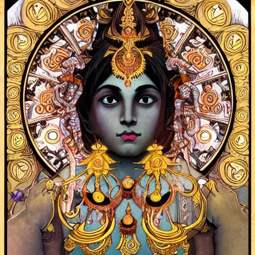 Image similar to dark Hindu deity, symmetric, with 6 arms, ultra realistic, fantasy, intricate, by alphonse mucha and ghibli style, trending on artstation