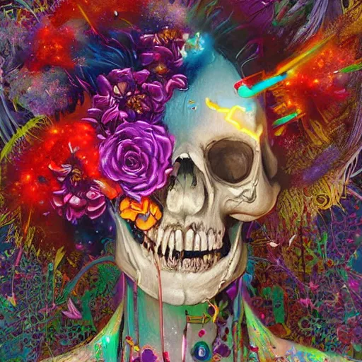 Image similar to art portrait of skeleton with colorful flowers exploding out of head,8k,by tristan eaton,Stanley Artgermm,Tom Bagshaw,Greg Rutkowski,Carne Griffiths,trending on DeviantArt,face enhance,hyper detailed,minimalist,cybernetic, android, blade runner,full of colour,