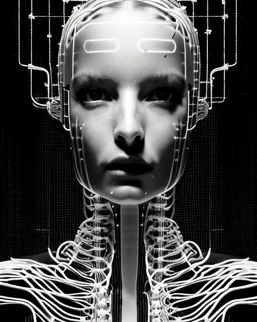 Image similar to black and white cyborg-plant goddess high quality photo, microchip, artificial intelligence, bio-mechanical bio-luminescence, black wired cables, neurons, nerve cells, octane render, cinematic, rim light, hyper realism, photo-realistic, high detail, 8k, masterpiece, high fashion, in the style of Steven Meisel and Dora Maar and H.G. Giger