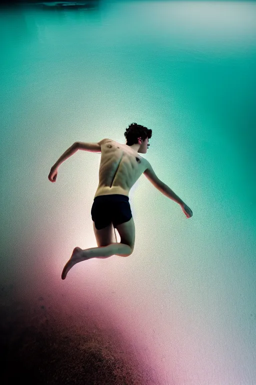 Image similar to high quality pastel coloured film mid angle docu photograph of a beautiful young 2 0 year old male, soft features, short black hair, swimming, jumping in an icelandic black rock pool environment. atmospheric. three point light. photographic. art directed. ( pastel colours ). volumetric light. clearcoat. waves glitch. 8 k. filmic.