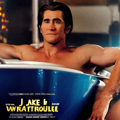 Image similar to a movie poster of Jake Gyllenhaal as patrick Swayze sitting in a hot tub in the movie Road House