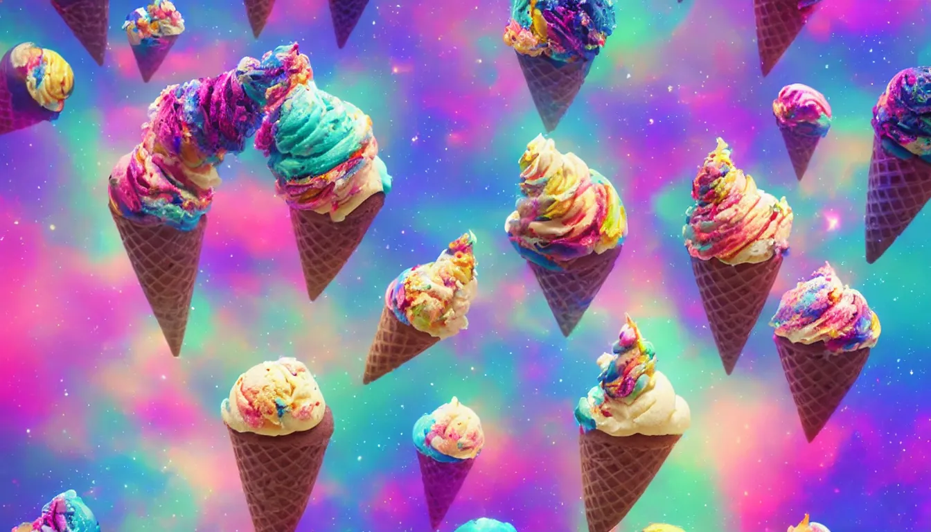 Prompt: beautiful ice cream cone cupcakes with cosmic colors in a beautiful cosmic dreamscape, digital art, concept art, detailed, lovely colors, art station 3 d, 4 k beautiful