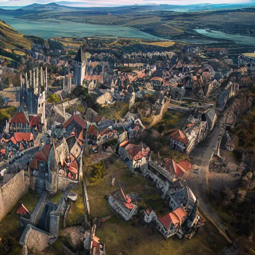 Prompt: Aerial shots of magical medieval cities, Game of Thrones, the witcher 3, Lord of the Rings, Victorian era