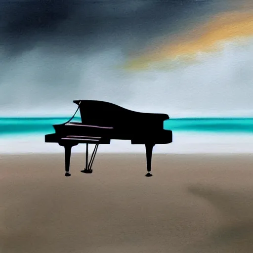 Image similar to a black grand piano on a beach by the waves, lonely, moody, atmospheric, illustration, painting, artstation award, gray flat clouds, misty waves