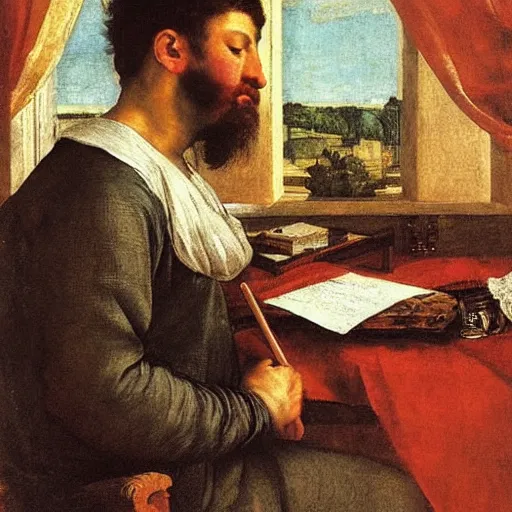 Prompt: it's morning. sunlight is pouring through the window bathing the face of a man writing the letters gm in a manuscript with a quill. a new day has dawned bringing with it new hopes and aspirations. painting by titian, 1 5 6 6