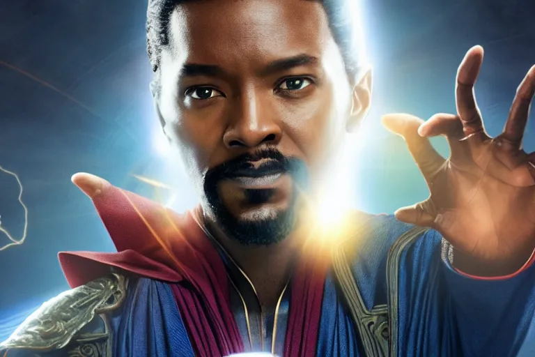 Prompt: film still of dark-skinned Jesus Christ as Doctor Strange in new Avengers film, 4k