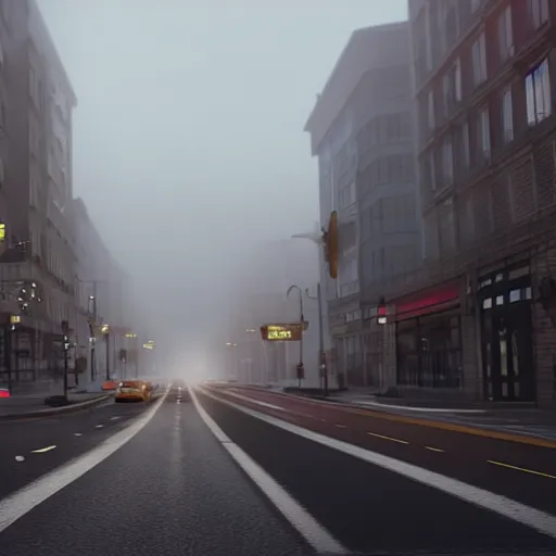 Prompt: still shot of a busy street covered in fog, highly detailed, photorealistic portrait, bright studio setting, studio lighting, crisp quality and light reflections, unreal engine 5 quality render