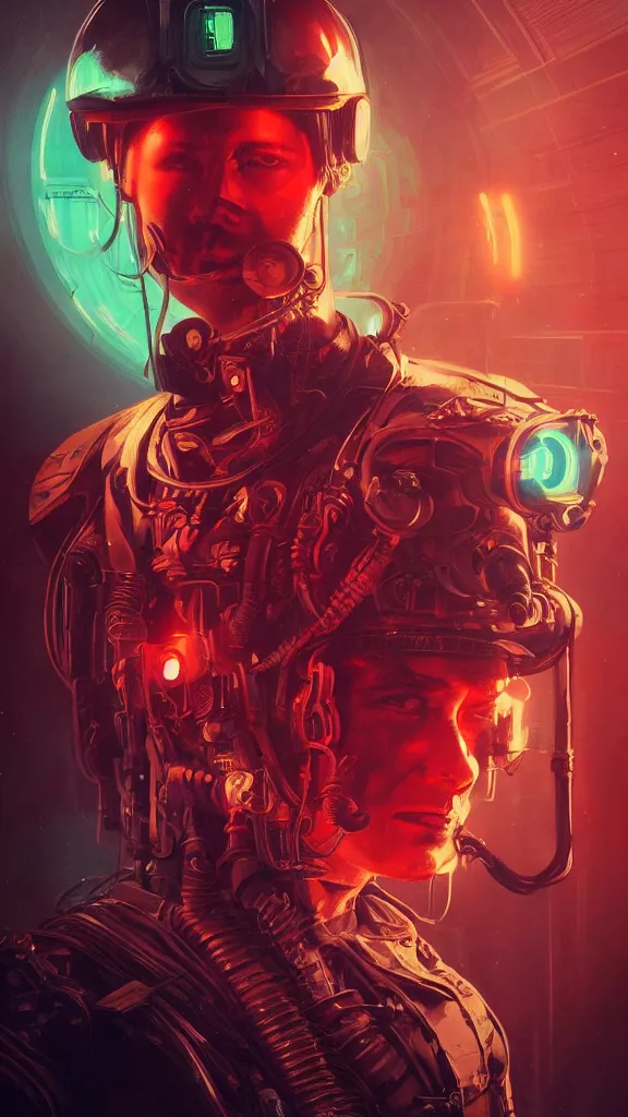 Prompt: concept art, retro - futurist steampunk pilot portrait, imperious, octane render, heroic, artstation, dramatic neon lighting, glowing imperial motifs, eerie, mysterious, red turquoise accents, bladerunner, by gerald brom, james jean, syd mead, akihiko yoshida, cinematic