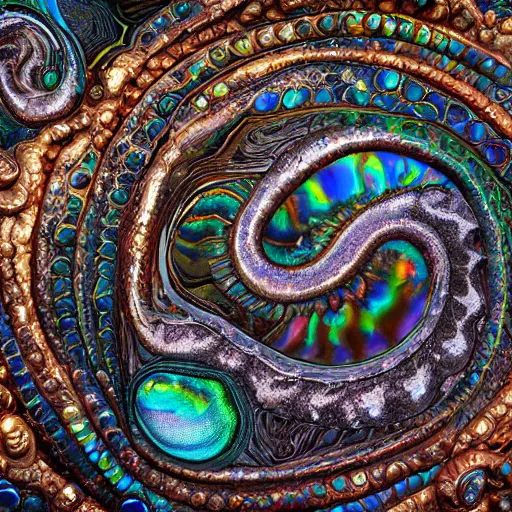 Prompt: Art Nouveau cresting oil slick waves, hyperdetailed bubbles in a shiny iridescent oil slick wave, ammolite, detailed giant opalized ammonite shell, black opal, abalone, paua shell, ornate copper patina medieval ornament, rococo, oganic rippling spirals, octane render, 8k 3D, druzy geode, cresting waves and seafoam