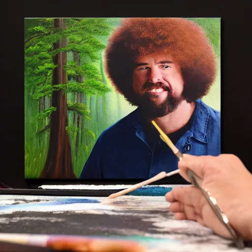 Prompt: a closeup photorealistic photograph of bob ross adding the finishing touches to a canvas painting of kenny powers. mountains and trees. film still. brightly lit scene. this 4 k hd image is trending on artstation, featured on behance, well - rendered, extra crisp, features intricate detail, epic composition and the style of unreal engine.