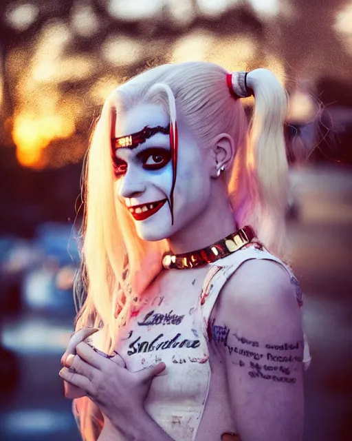 Image similar to 3 5 mm photo of elegant suicide squad harley quinn, long blonde hair and big eyes, finely detailed perfect face, standing on the wet street at sunset, golden hour sunset lighting,