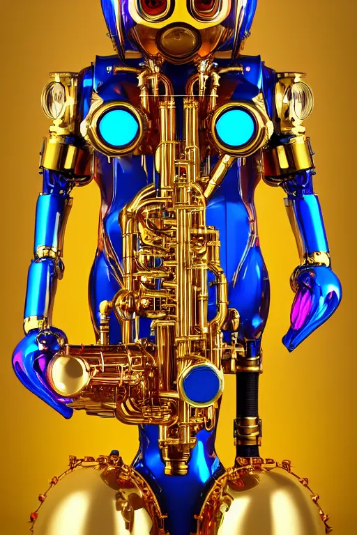 Image similar to portrait photo of a giant huge golden and blue metal humanoid steampunk robot saxophone player with multicolored big gears and tubes, a golden saxophone, eyes are glowing red lightbulbs, shiny crisp finish, 3 d render, 8 k, insaneley detailed, fluorescent colors, background is multicolored lasershow