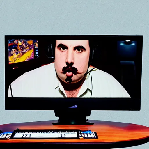 Image similar to obese Freddie Mercury wearing a headset yelling at his monitor while playing WoW highly detailed wide angle lens 10:9 aspect ration award winning photography by David Lynch esoteric erasure head