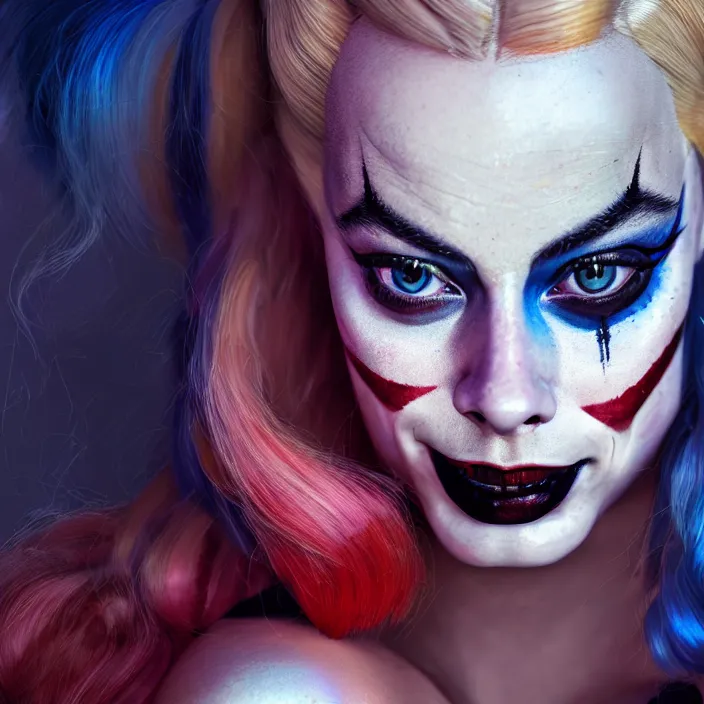 Image similar to portrait of Margot Robbie as a harley quinn. intricate abstract. intricate artwork. by Tooth Wu, wlop, beeple, dan mumford. octane render, trending on artstation, greg rutkowski very coherent symmetrical artwork. cinematic, hyper realism, high detail, octane render, 8k, iridescent accents