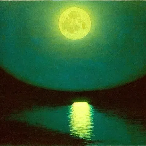 Image similar to moon light reflecting off of a winding river, arkhip kuindzhi painting, teal palette