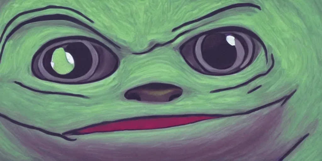 Image similar to sad pepe, big eyes, dark background, crying, emotional painting, high quality, detailed