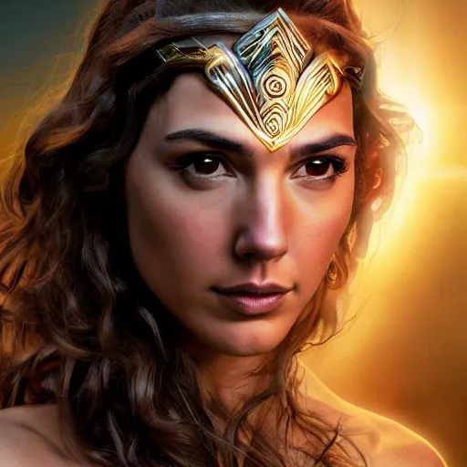 Image similar to Full body photo of the beautiful woman Gal Gadot as Medusa the greek goddess, she is looking straight to the camera, she has a glow coming from her, she is getting illuminated for rays of light, behind her is a scary atmosphere, the photo was taking by Annie Leibovitz, matte painting, oil painting, naturalism, 4k, 8k