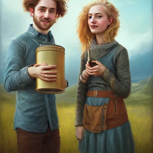 Prompt: a highly detailed portrait of a young couple from the side, holding a tin can, renote icelandic village, summer, blonde hair, muted colors, joy, by tom bagshaw, trending on artstation,