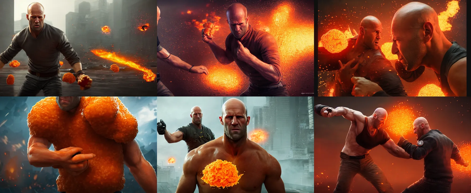 Prompt: ultrarealistic jason statham fighting a giant orange chicken nugget in tokyo, epic battle, fantasy character portrait, octane render, substance painter, movie action still frame, cinematic lighting, volumetric lighting, extreme intricate details, artstation, dnd art, cgsociety, sharp focus, ultra wide angle, digital painting by artgerm, gerald brom, wlop