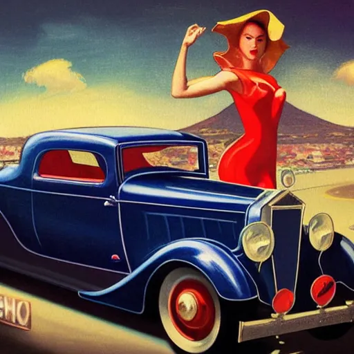 Prompt: 3 d fisheye, very low angle, painting showing olivia munn driving exaggerated 1 9 3 0 s car with woman driving, shiny, aerodynamic, dramatic lighting, sultry, sensual, vargas, wlop, manara, mucha, moebius, elvgren, joshua middleton, clay mann, artgerm