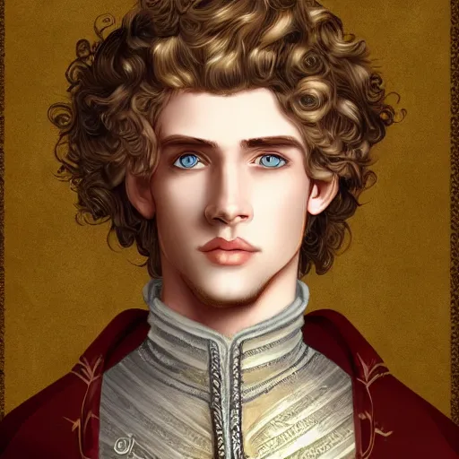 Image similar to portrait, 27 years old man, blue eyes, blond curls, charming, handsome :: rich expensive medieval clothes :: high detail, digital art, fantasy, RPG, concept art, illustration