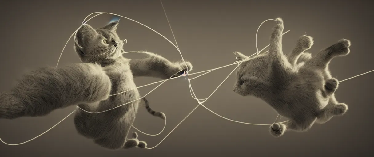 Image similar to 3 d render of cat playing with yarn in non - euclidean space, dynamic motion, concept art, high detail, artstaion, dark atmosphere, noir, 4 k